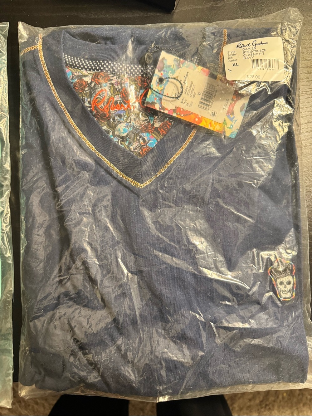 Robert Graham Navy V neck shirt with Contrast Gold Stitching